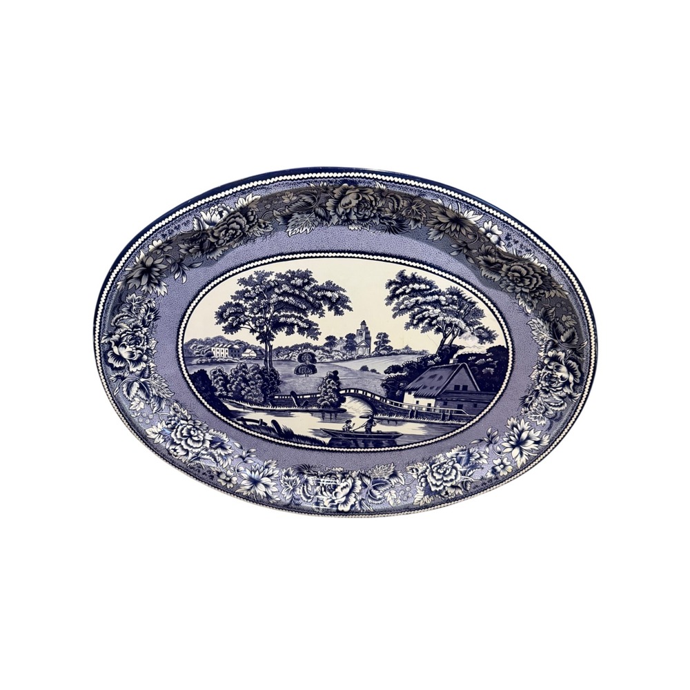 Vintage 1971 Daher Decorated Ware Blue White Pastoral Tin Tray Made in England